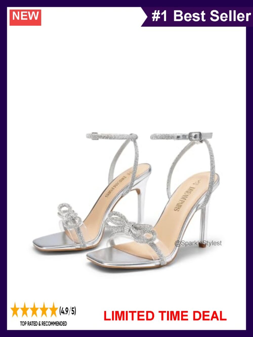 Slingback Heeled Sandals with Rhinestone Bow Square Toe Stiletto